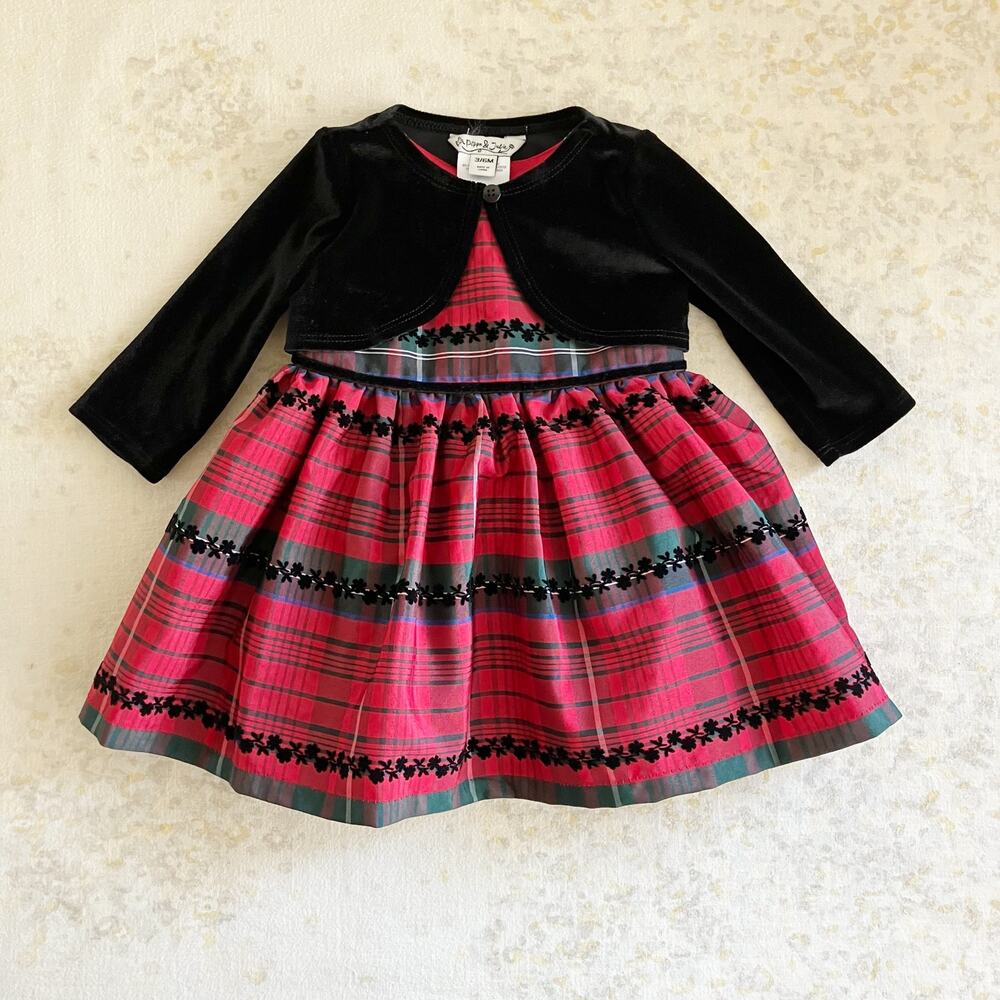 NWOT Pippa & Julie Dress Shrug Set Baby Girl 3-6 M Black Velvet Red Plaid Xmas